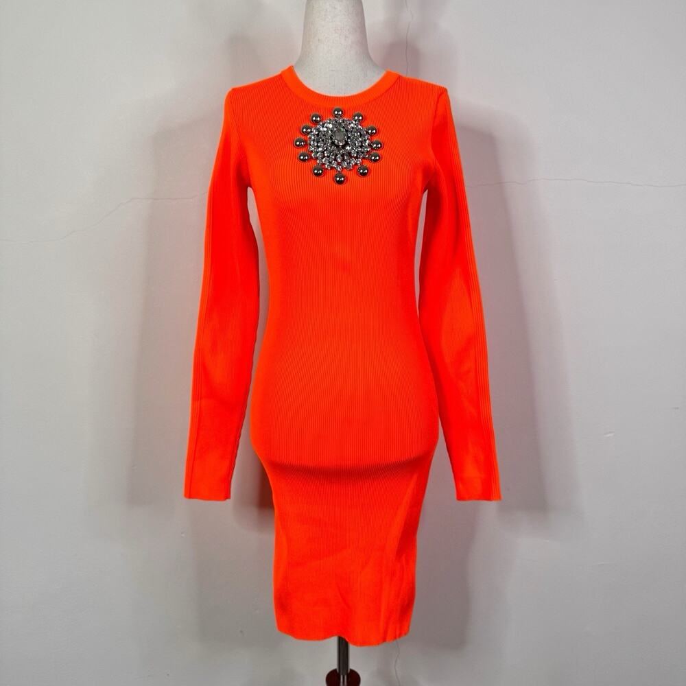 Christopher Kane SS20 Neon Orange Crystal Neck Knit Mini Dress NWT Size 40